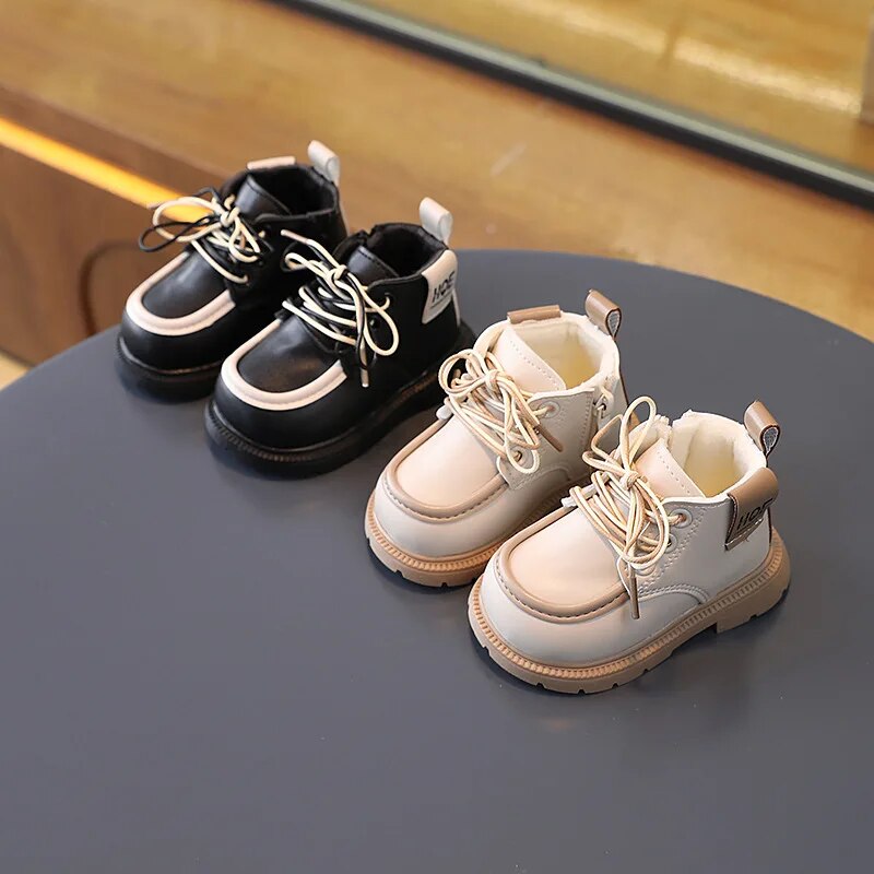 Baby Boots Winter New Thickened British Style Boys Girls Anti Slip Warm Leather Boots Side Zipper Kids Soft Soled Toddler Shoes