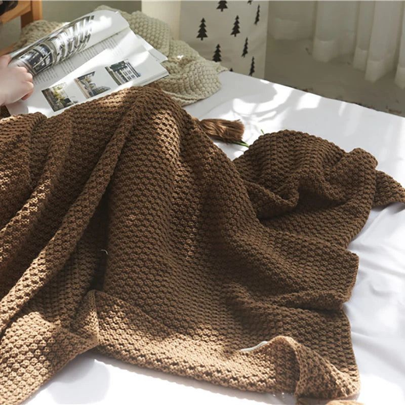 HOLAROOM Thread Blanket with Tassel Solid Beige Grey Coffee Throw Blanket for Bedroom Sofa Home Textile Fashion Knitted Blanket