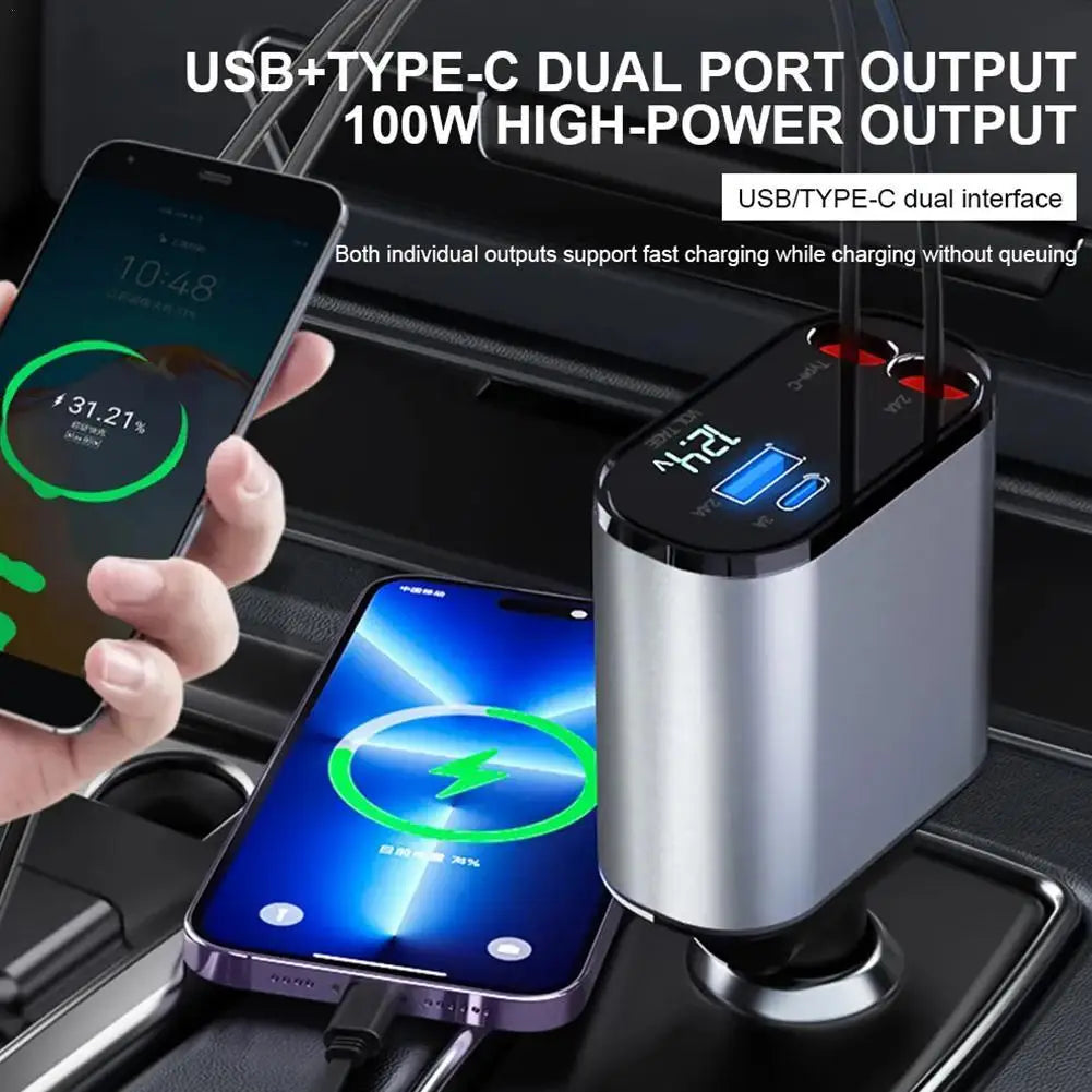 100w 4 IN 1 Retractable Car Charger USB Type C Cable For IPhone Samsung Fast Charge Cord Cigarette Lighter Adapter