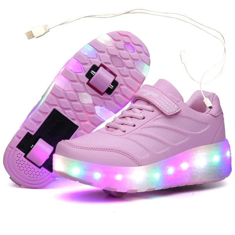 USB Charging Black Two Wheels Luminous Sneakers Led Light Roller Skate Shoes for Children Kids Led Shoes Boys Girls Shoes 28-43