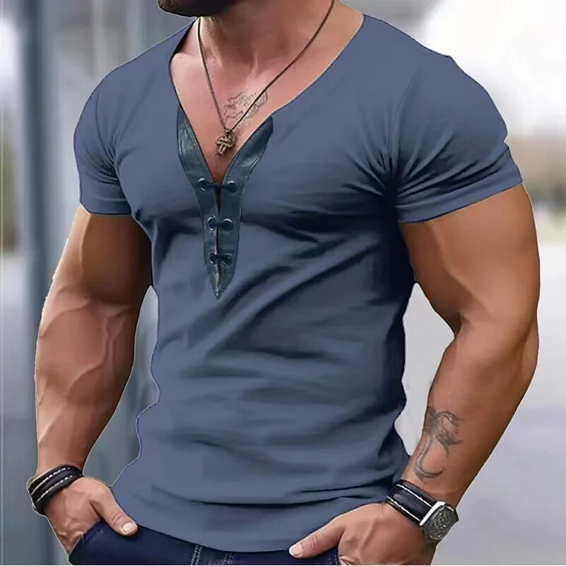 Men Muscle Shorts Sleeve T-shirt For Male Clothes Solid Vintage Henley Tshirts Sports Fitness Casual Stretch Thin V-neck Tee Top