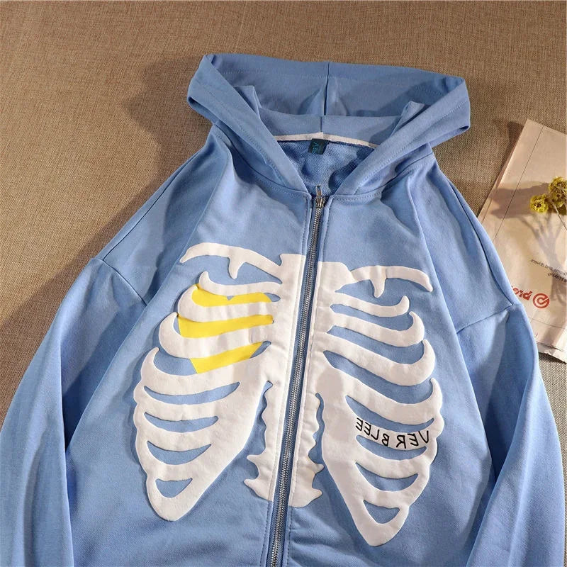 Y2K Skeleton Hoodies Women 2022 Vrouwen Gothic Zwart Zip Up Oversized Sweatshirt Dames Retro Harajuku Capuchon Streetwear Tops