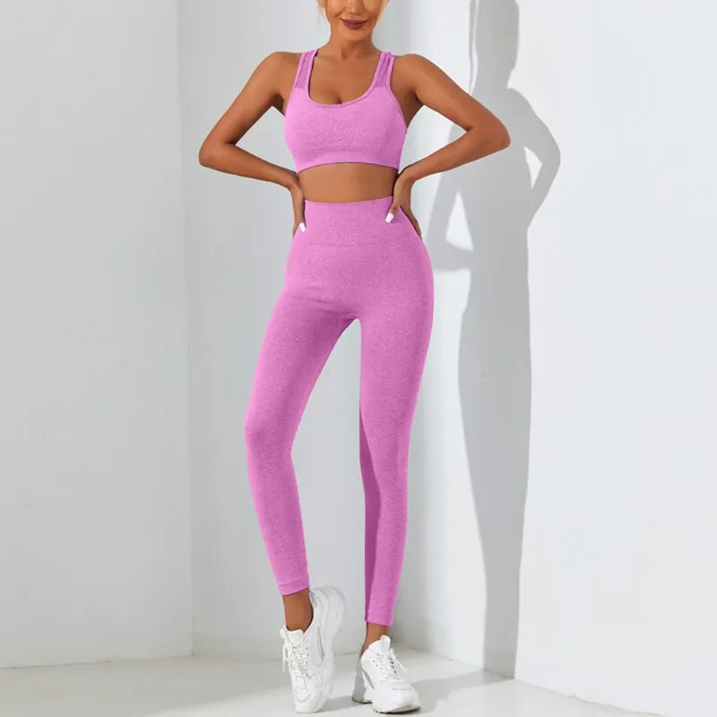 Yoga Basic 2pcs Seamless High Stretch Yoga Set Tracksuit Gym Set Crisscross Back Cami Hip-hugging Tummy Control Leggings