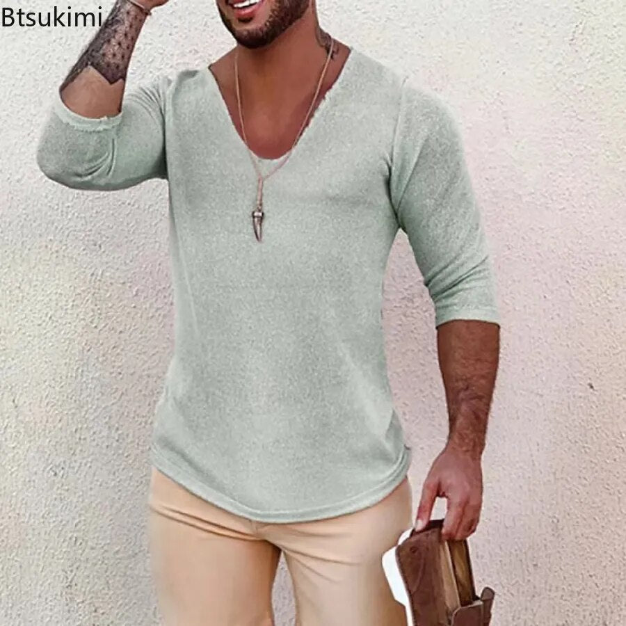 2023 Men's Casual Long Sleeve Kniited Sweaters Thin Style Mens Spring Autumn Clothing Solid V Neck Knitting Pullover Knit Tops