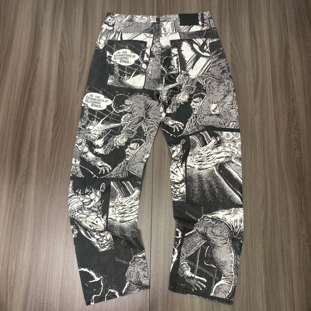 Best Quality 21FW Collab Cartoon Print Regular Jeans Men Women Loose Fit Cotton Denim Trousers