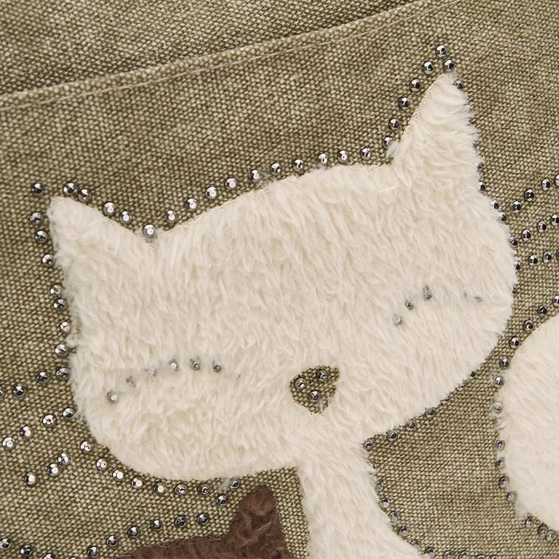 Women Canvas Shoulder Bags Female Cute Cat Plush Rivet Handbag Ladies Casual College School Books Totes Shopping Bag For Girls