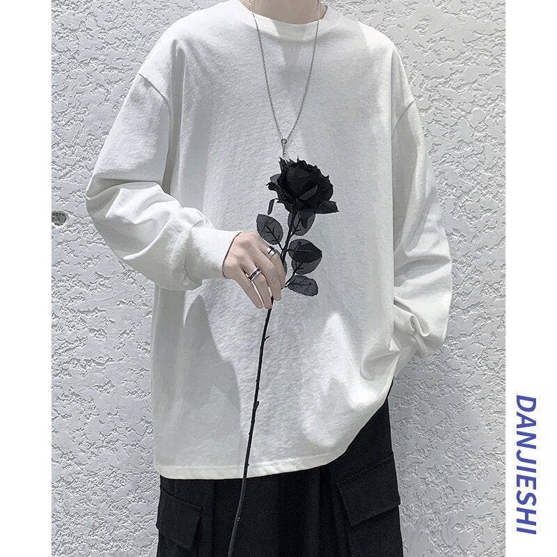 Fashion Solid Long sleeve T-shirt Men’s Autumn Korean Fashion Clothes Men Tops Men Woman Brand Tees Cotton Big Size 5XL