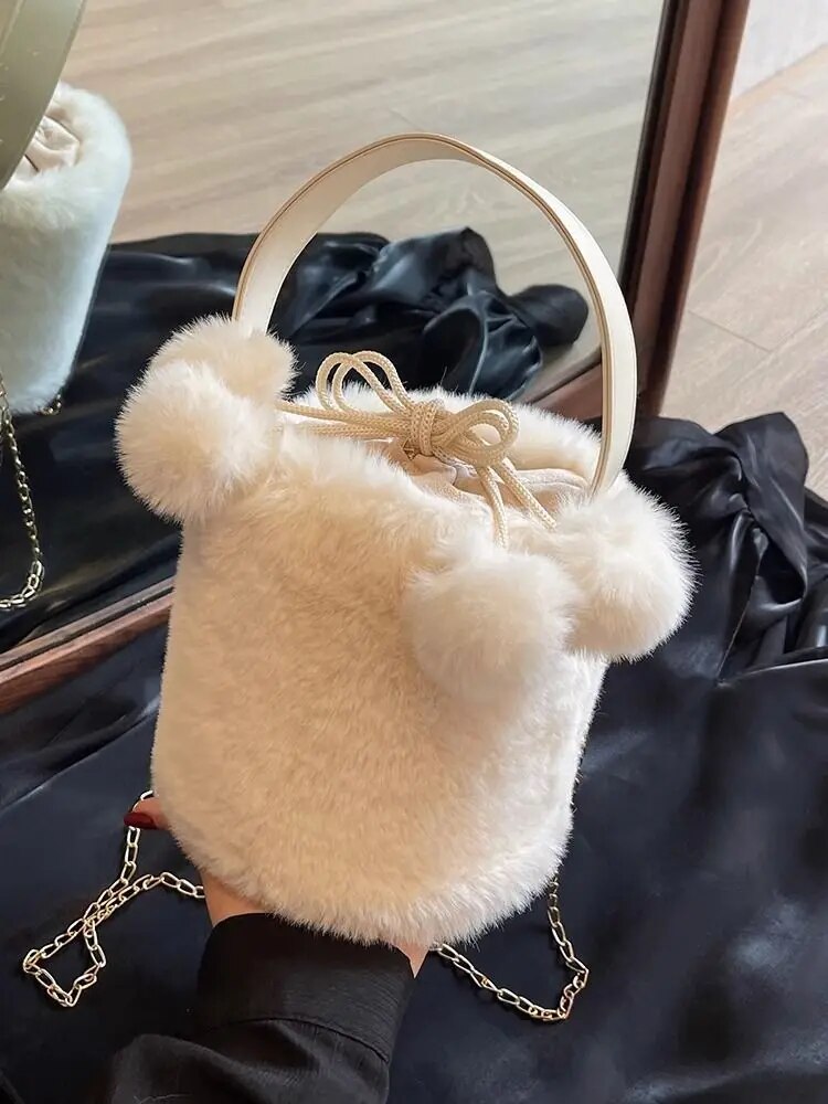 Artificial Fur Solid Color Handbag 2023 Winter New Soft Plush Women's Designer High Capacity Handbag Shoulder Wallet Bucket Bag