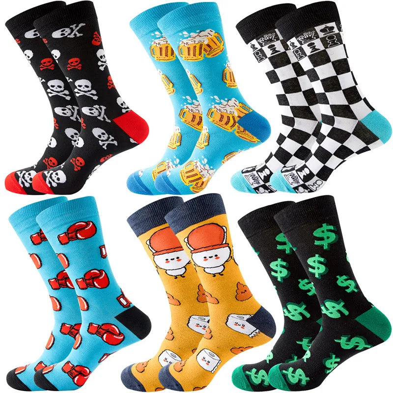 2023 NEW Funny Men Socks Cotton Fashion Trend Harajuku Guitar Beer Boxing Gloves Skull Chess Clown Sieve Hip Hop Socks