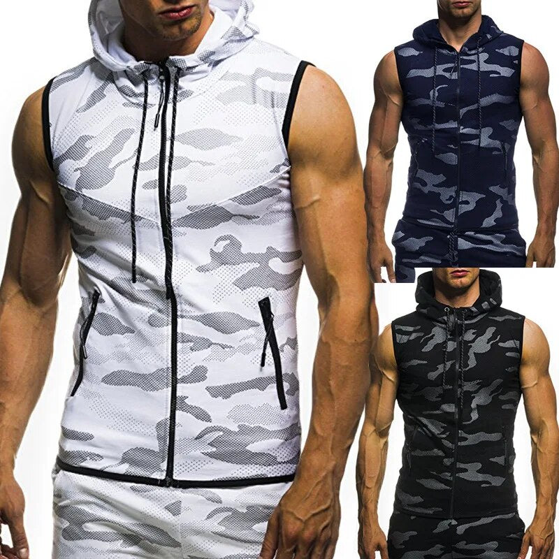 2020 New Mens Camouflage Vest Spring Summer Military Hooded Sleeveless Sweatshirt Male Fashion Brand Clothing gym zipper Running