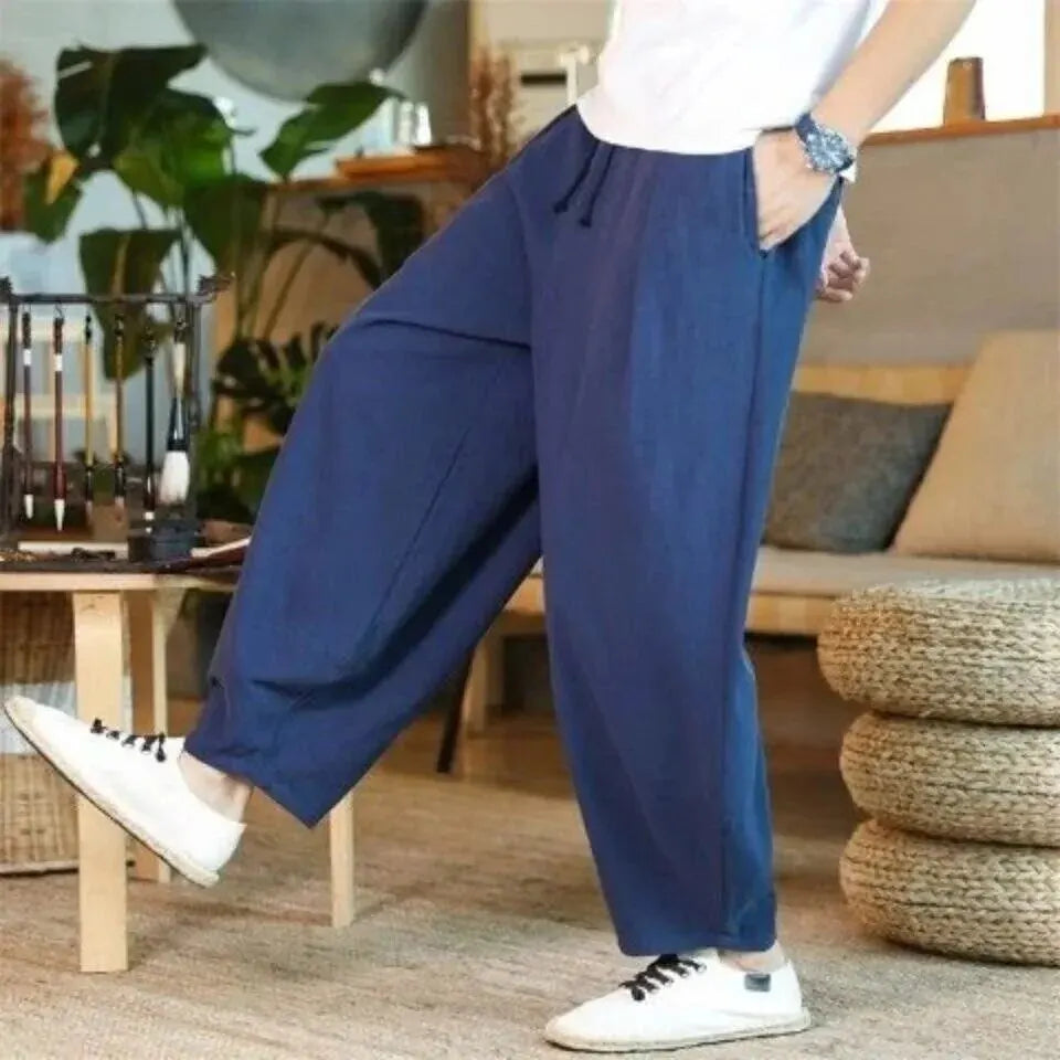 Loose Plus Size Summer Men Linen Pants Large Size Fat Person Wide Leg Casual Nine-Point Pants