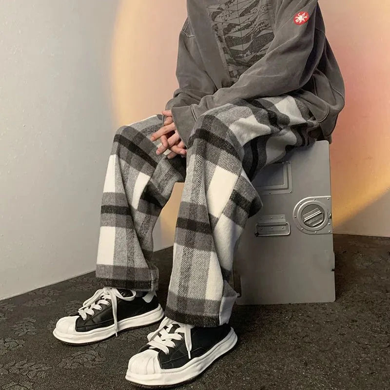 Spring Autumn Vintage Plaid Korean Casual Wide Leg Pants Man Woolen Streetwear Straight Fashion Loose Trousers Pantalon Homme