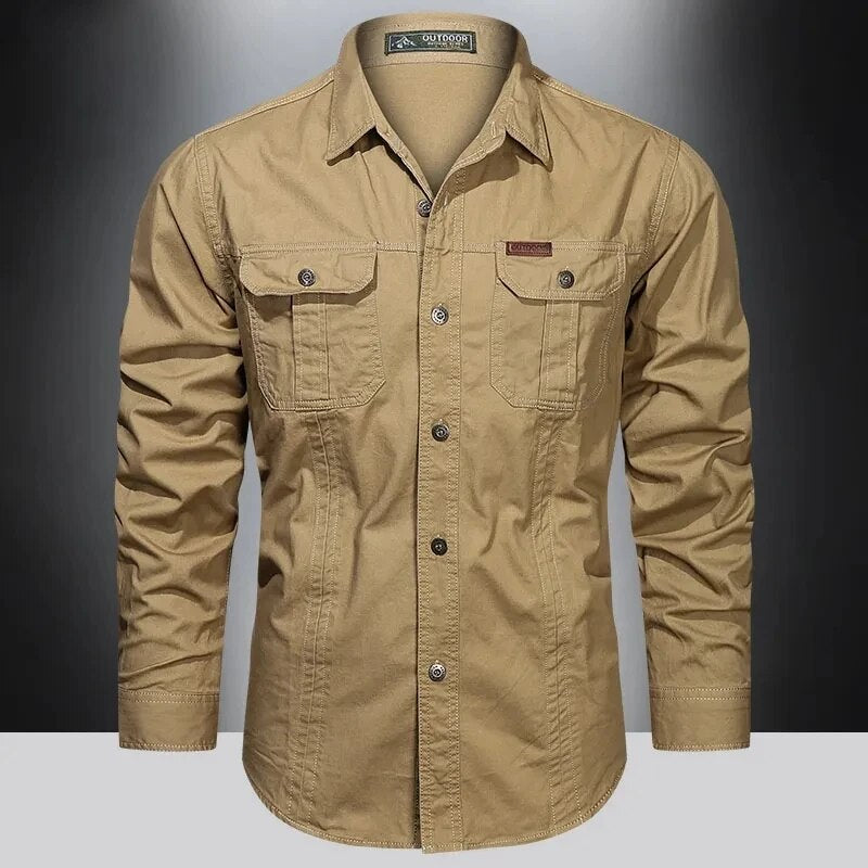 New Autumn Military Style Cotton Pocket Shirt for Men Solid Color Slim Casual Brand Clothing Men Long Sleeve Shirts 5XL