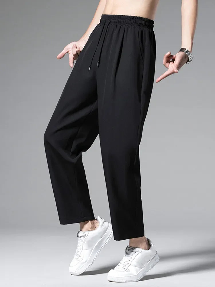 New Men's Straight Ice Silk Pants Boys Nine Points Trend Pendant Casual Pants Summer 90s Retro Thin Wide-Leg Pants