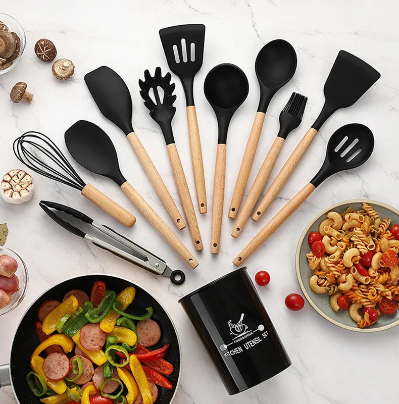 Cooking Tool Wood handel Silicone Kitchenware Utensils Resistant NonStick Cooking Utensils Kitchen special Accessories Supplies