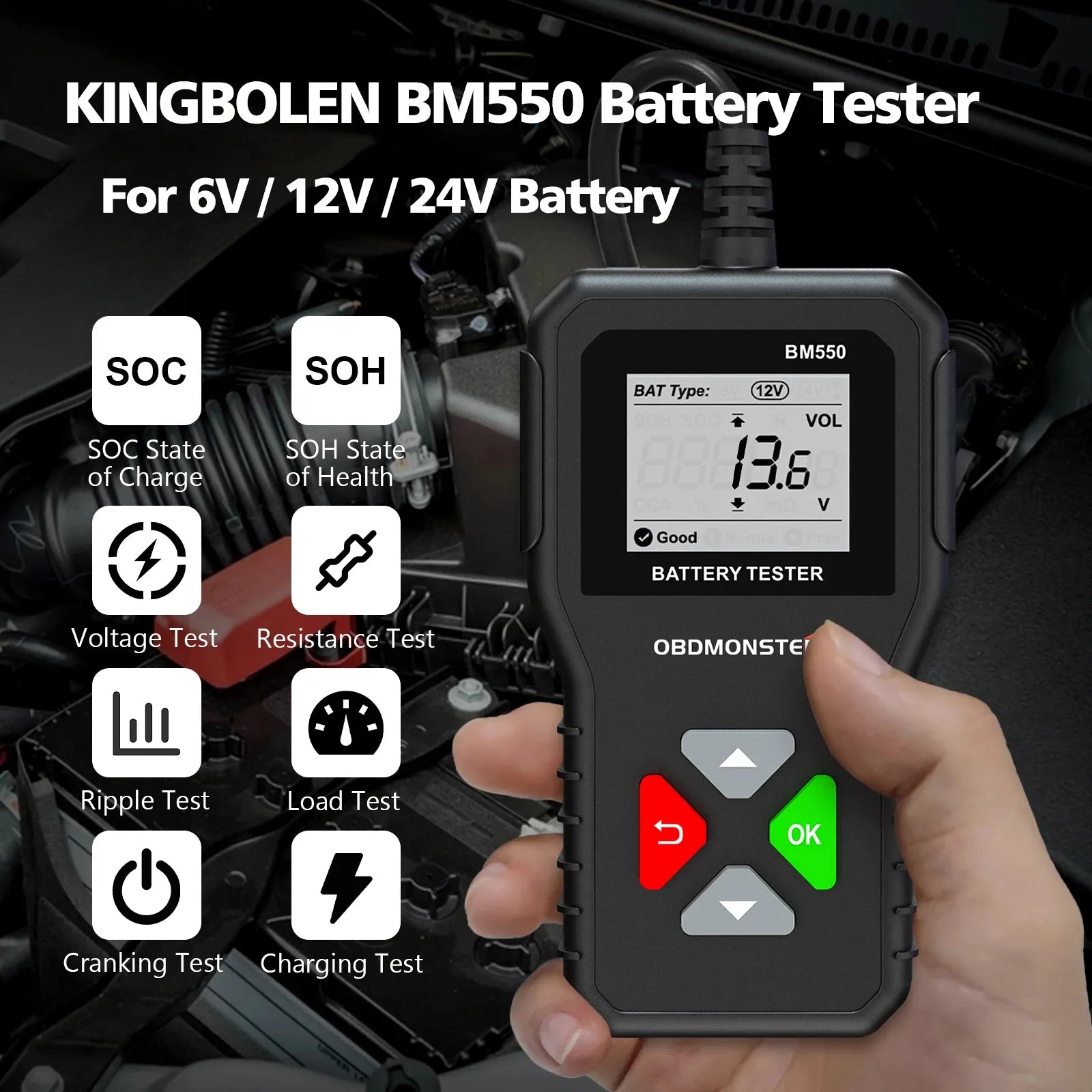 BM550 Car Battery Tester 6V 12V 24V 100 to 2000 CCA Battery Analyzer 12 Volts Battery Tools Battery System Detect PK KW208