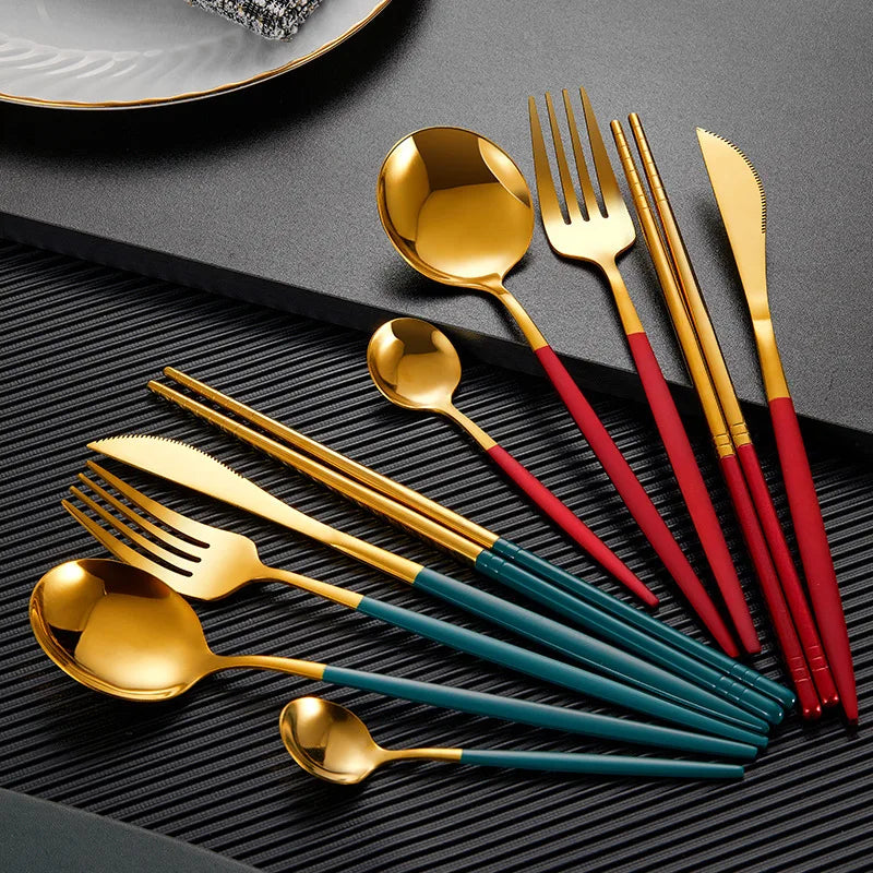 5pcTableware Stainless Steel Cutlery Golden Silvery Glossy Coffee Spoon Dinnerware Dining Fork Knife Dinnerware Kitchen Flatware