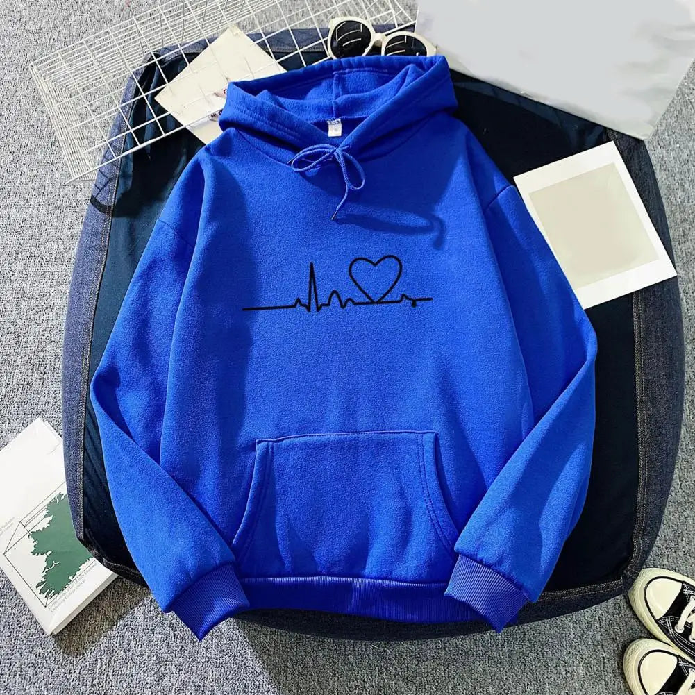 Chic Elastic Hem Women Autumn Hoodie Streetwear Women Autumn Hoodie Elastic Cuff Heart Print Couple Hoodie for School