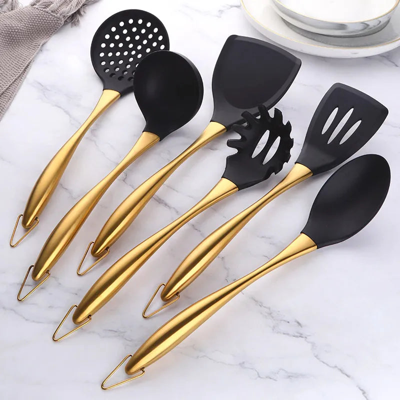 Silicone Cooking Utensils Set with Stainless Steel Handle Non-Stick Spatula Colander Pasta Soup Spoon Frying Shovel Kitchenware