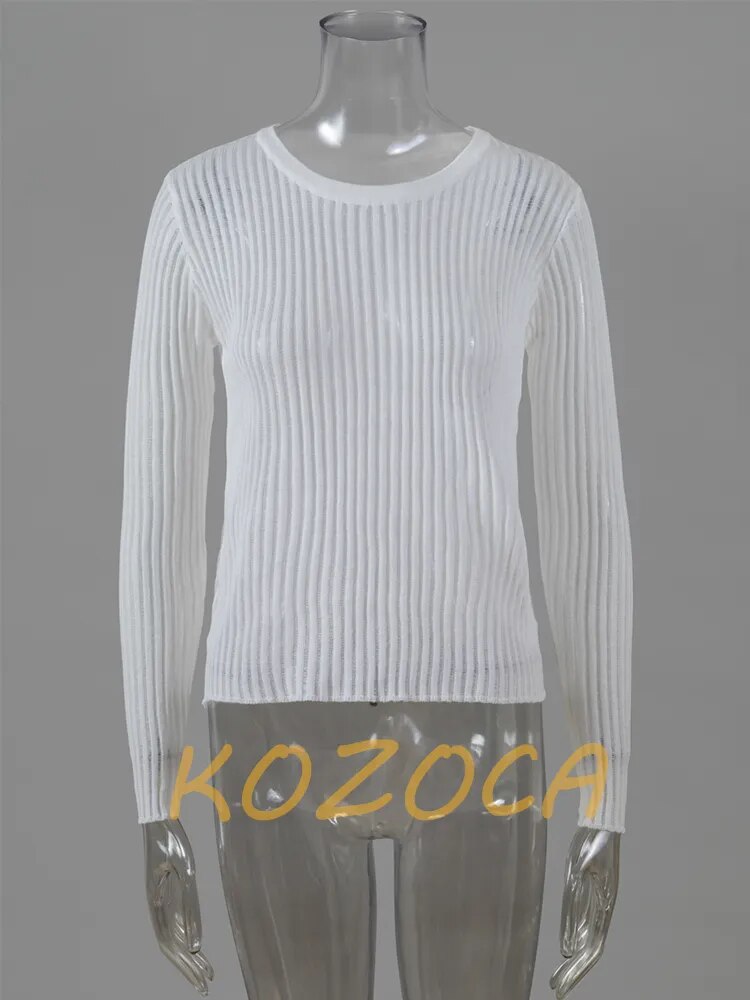 2023 Fashion White Elegant Striped See Through Women Tops Outfits Long Sleeve T-Shirts Tees Skinny Club Party Clothes