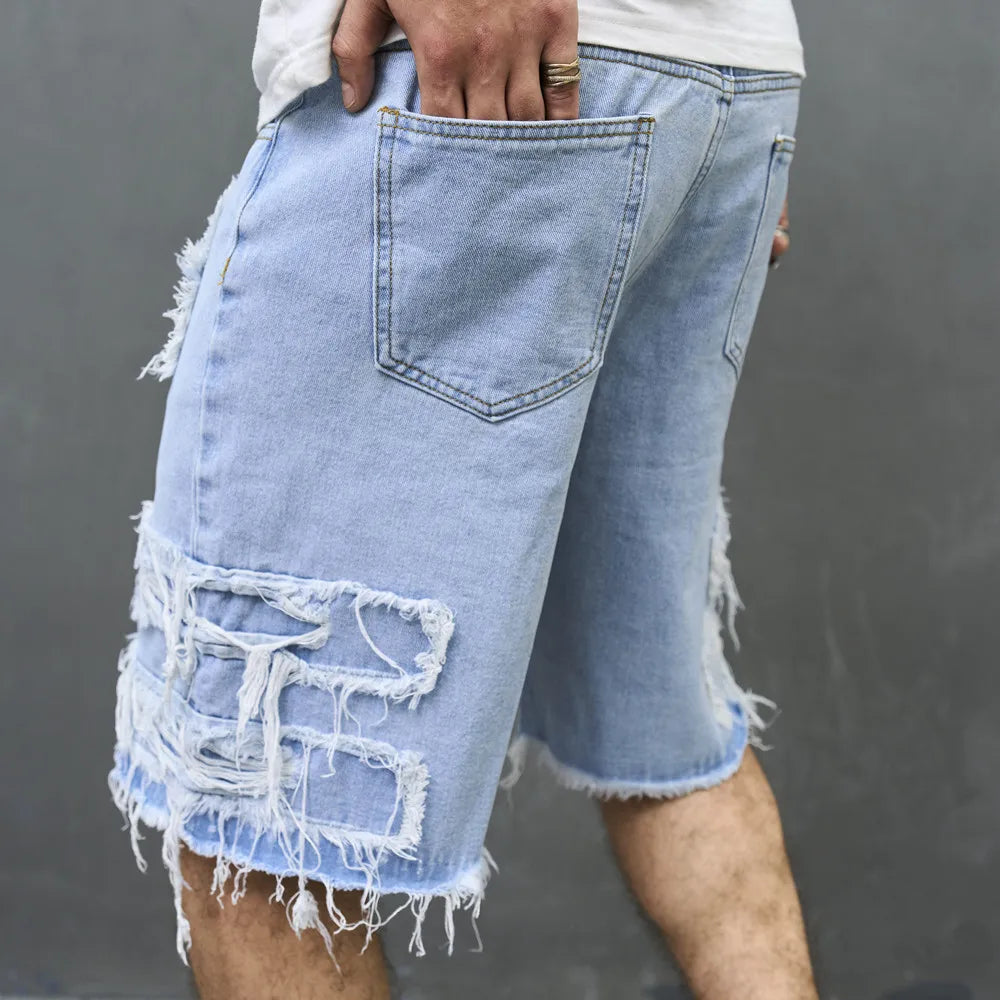 2023 Summer Men Streetwear Ripped Patch Denim Shorts Stylish Solid Casual Straight Male Jeans Five-point Pants