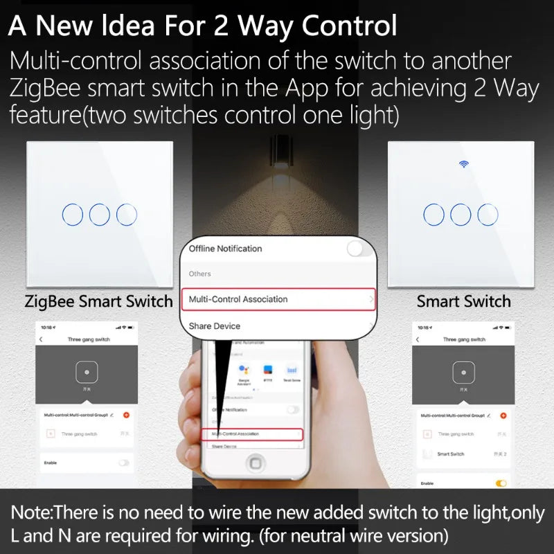 ZigBee Wall Touch Smart Light Switch with Neutral/No Neutral,No Capacitor Smart Life/Tuya 2/3 Way Control Smart Home