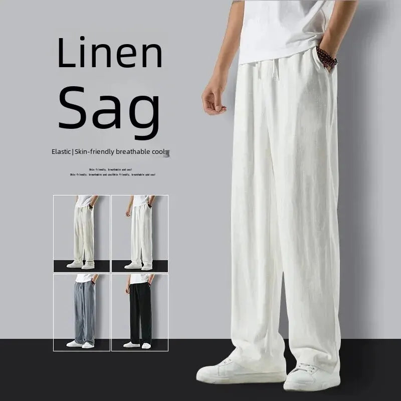 Men Summer Thin Breathable Slim Fit Casual Loose Trousers Large Size Cotton Linen Fabric Suitable Middle-Aged Elderly