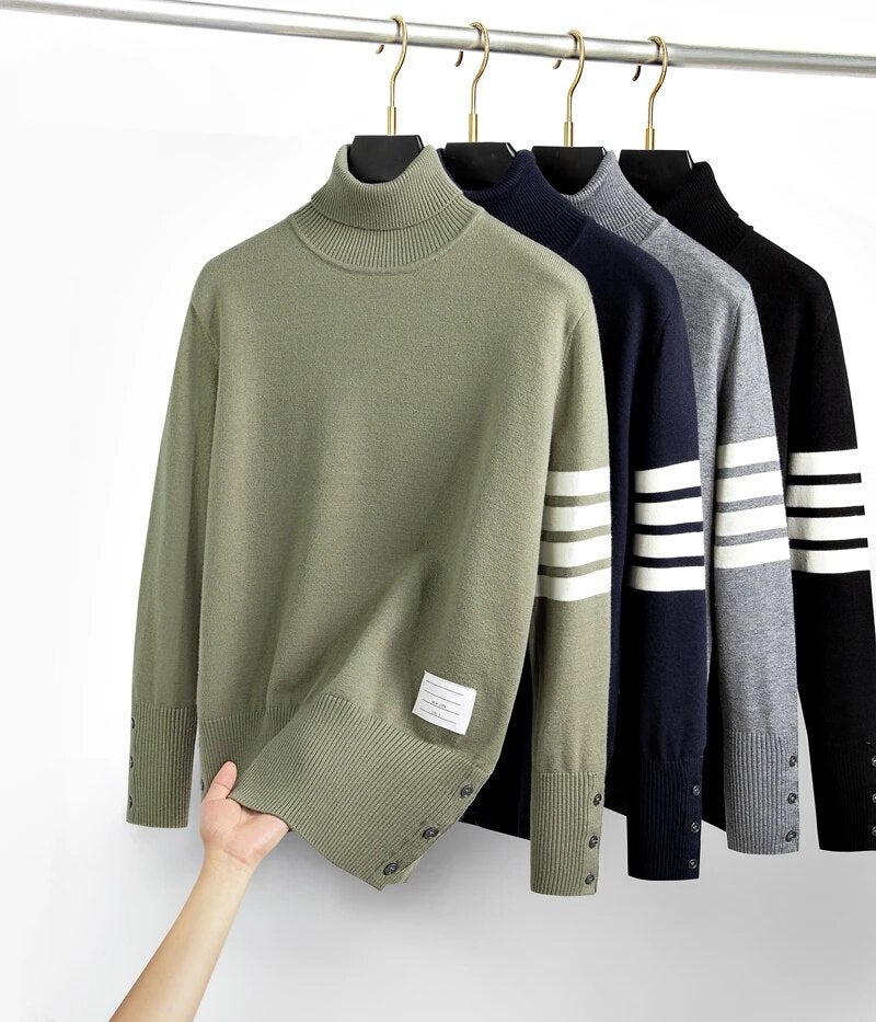 High end luxury brand high neck sweater men personality trend ribbon striped sweater 2023 autumn and winter warm casual pullover