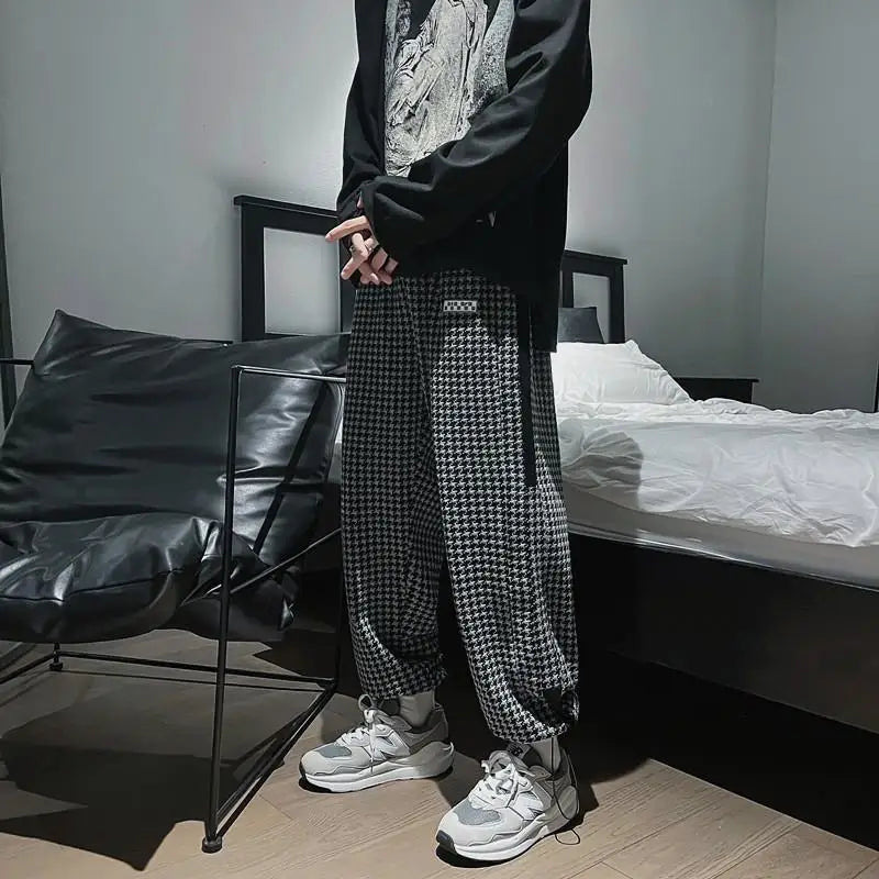 Spring Autumn Houndstooth Fashion Korean Trousers Man Loose Pants Casual Sweatpants Vintage All Match Streetwear Male Clothes