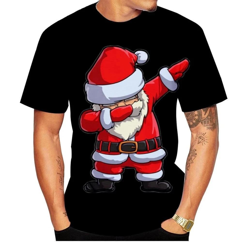 Carnival Party Hip Hop Men's Christmas Elf Santa Claus Printed T-shirt Fashion Trend Round Neck Loose Street Party Men's Round N