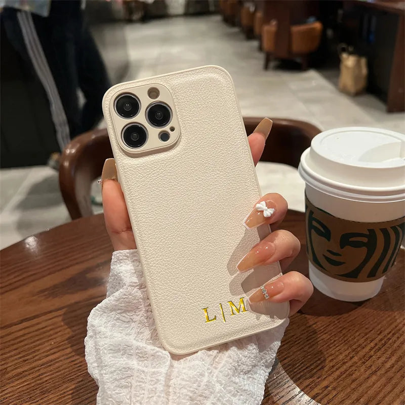 Personalised Customized Name Case For iPhone 15 14 13 12 11 Pro Max Initials Letters Leather DIY Engraved Cover 13 14 15 Pro Max