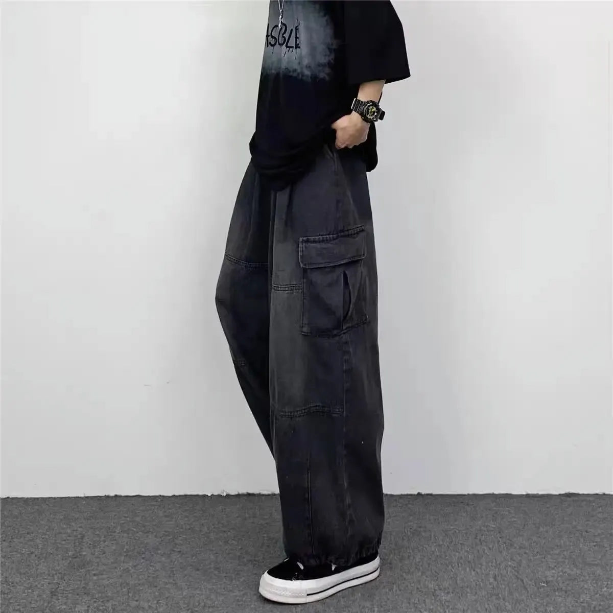 Spring And Autumn Vintage Wide Leg Big Pocket Overalls Men Y2K Neutral Loose Straight Leg Casual High Street Hip Hop Jeans