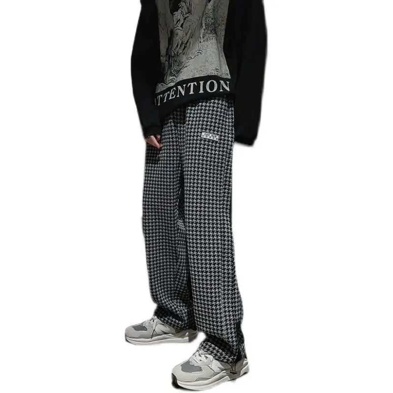 Spring Autumn Houndstooth Fashion Korean Trousers Man Loose Pants Casual Sweatpants Vintage All Match Streetwear Male Clothes