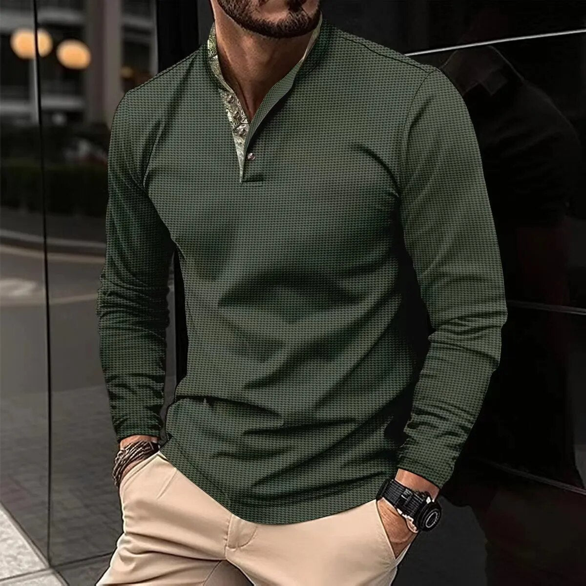 Fashion men's long-sleeved Polo shirt stand collar color T-shirt business anti-wrinkle street casual men's breathable top