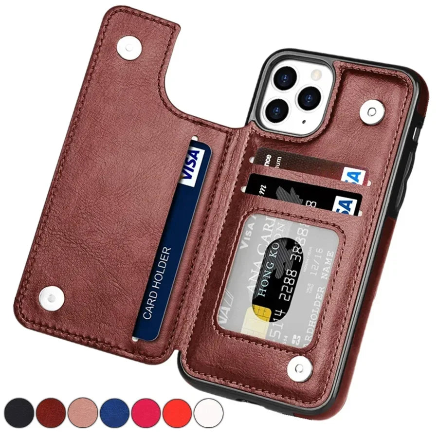 Wallet Double Button With Card Slot Stand Leather Case For iPhone 15 Pro Max 14 13 Mini 12 11 SE 2022 2020 X XS XR 8 7 6 6s Plus