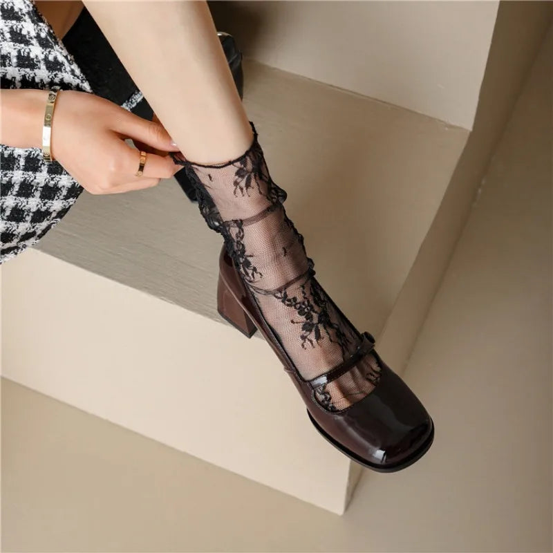 1 Pair Women Socks Japanese Lolita Lace Mid Length Stockings Ultra-thin Hollowed Out Calf Short Socks Leather Shoes Accessory