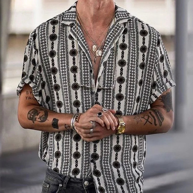 Suliamacoxy 2023 Loose Lapel Short-sleeved Men's Casual Shirt 4 Way Stretch Printed Ethnic Style Retro Summer Clothing for Men