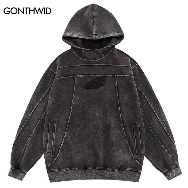 Vintage Men Hoodie Streetwear Hip Hop Embroidery Letter Washed Hooded Sweatshirt 2023 Fashion Punk Goth Loose Pullover Hoodies