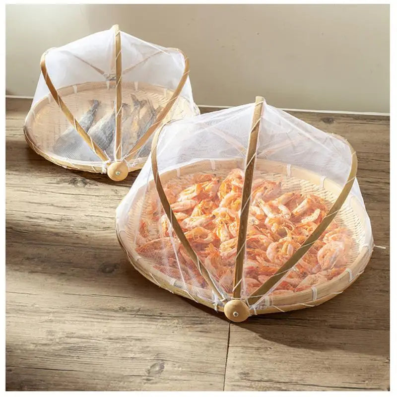 Hand-Woven Food Bamboo Kitchen Organizers Basket Tray Fruit Vegetable Bread Storage Basket Outdoor Picnic Mesh Net Cover