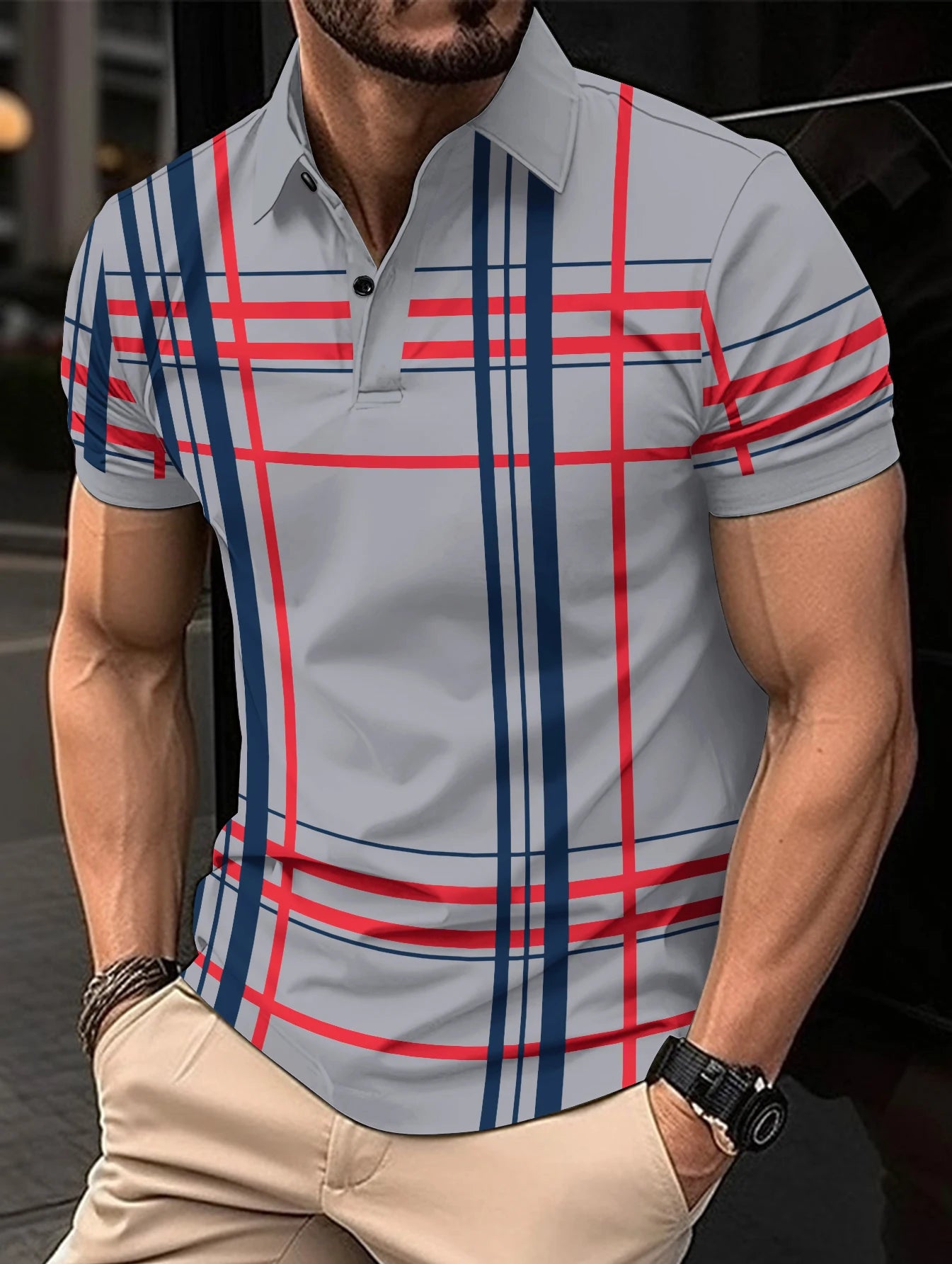 2024 summer men's short-sleeved stretch striped casual fashion polo shirt