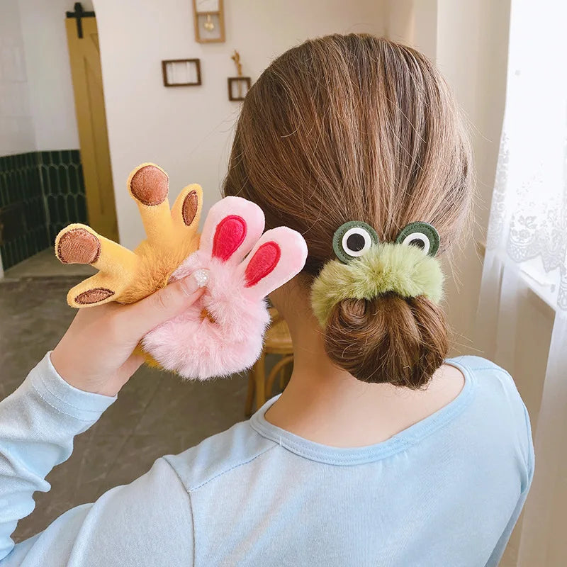 1PCS New Cute Hair Accessories Fake Fur Hair Rope Bear Scrunchies Women Girls Elastic Hair Rubber Bands Gum Kids Ponytail Holder