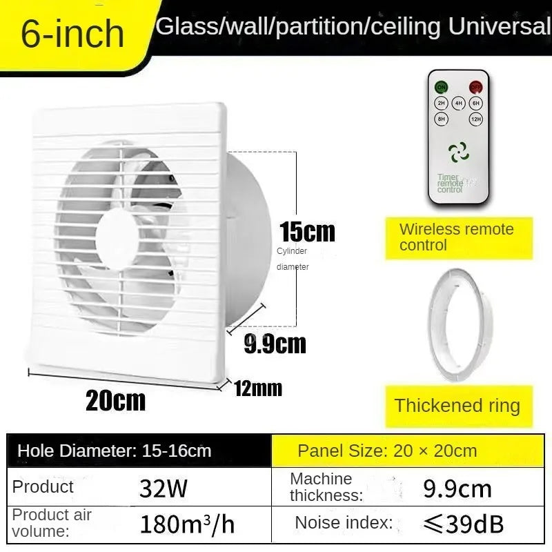 220V 4/ 6/ 8 Inch Remote Control Window Wall Exhaust Fan for Bathroom Toilet Kitchen Air Ventilation with Timing Function