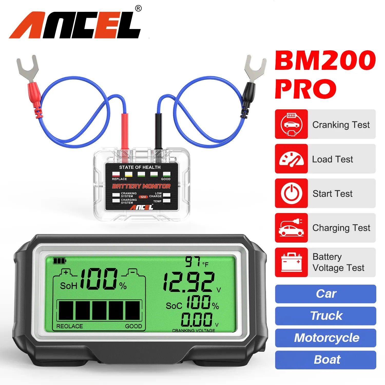 ANCEL BM200/BM300/ BM200 PRO 12V LED Battery Tester Monitor Head-Up Display Charging Tester Tool Battery Health SOH SOC Analyzer