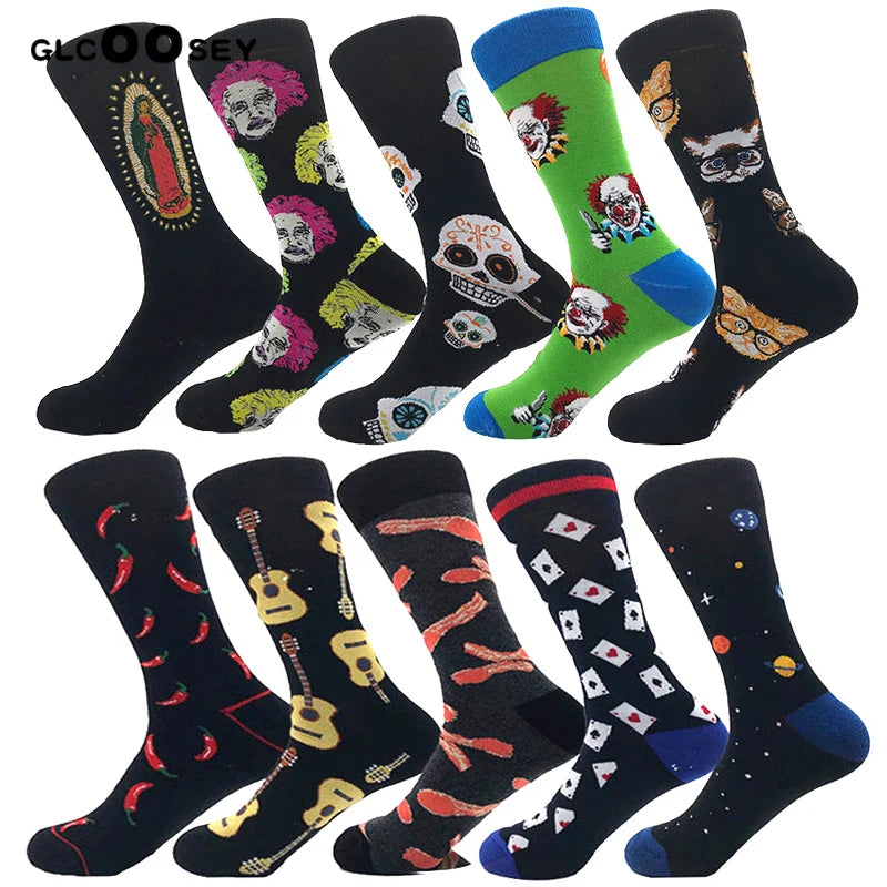 2023 NEW Funny Men Socks Cotton Fashion Trend Harajuku Guitar Beer Boxing Gloves Skull Chess Clown Sieve Hip Hop Socks