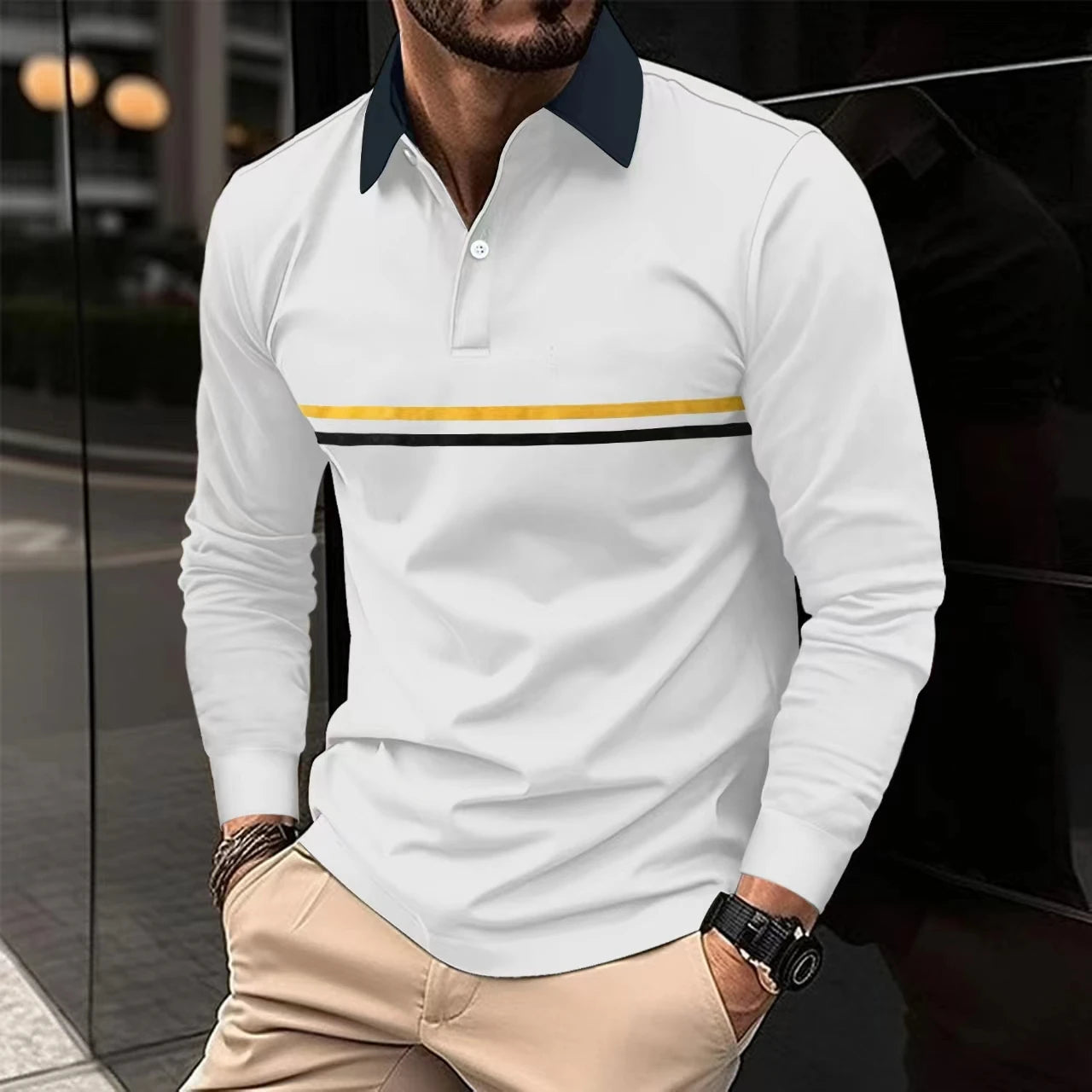 2024 Men New Stripe Long Sleeve Polo Shirt , Men Casual Simple Style Polo Shirt .