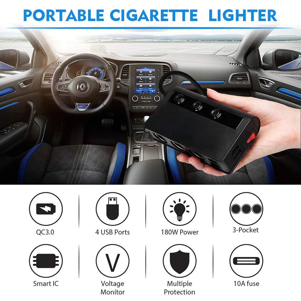 Powstation Cigarette Lighter socket splitter Charger 180W 4 USB Port Car Charger USB Charger Type C Port Car Socket Splitter