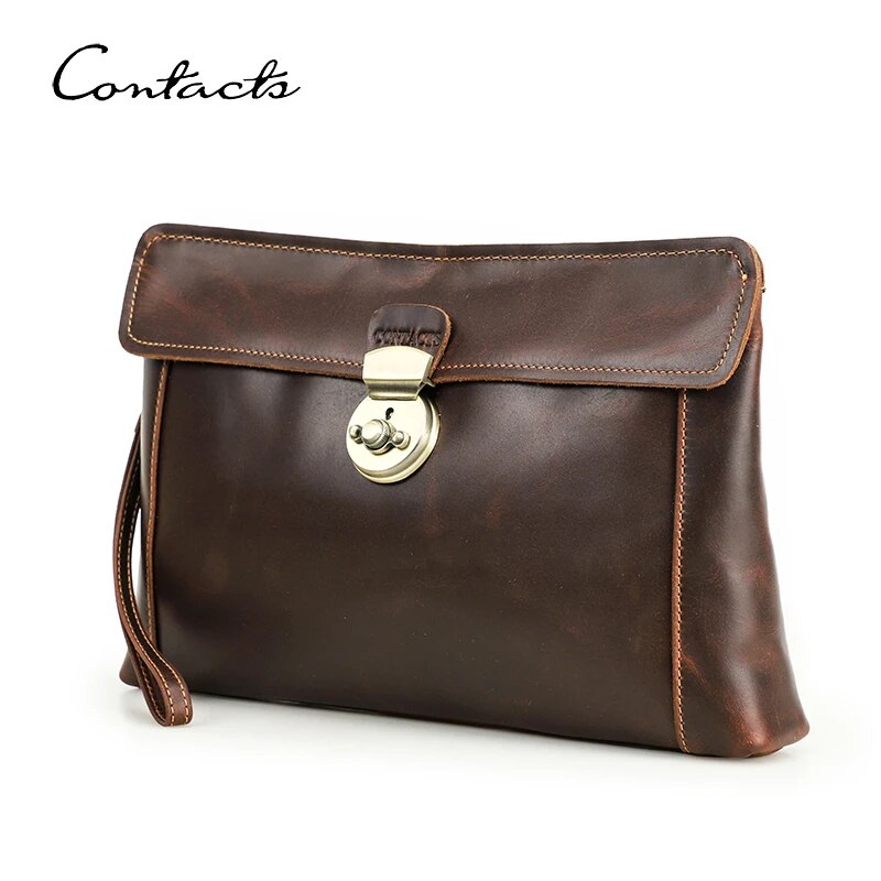 CONTACT'S Men Clutch Bags Genuine Leather Clutch Wallets Push Lock Design Phone Pocket Men's Bags Handbags for 8.3 iPad Mini