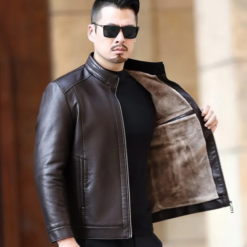 YXL-221 Natural Leather Jacket Men's Stand-up Collar Business Casual Fur One-piece Men's Super Soft SE Plush Liner Warm Jacket