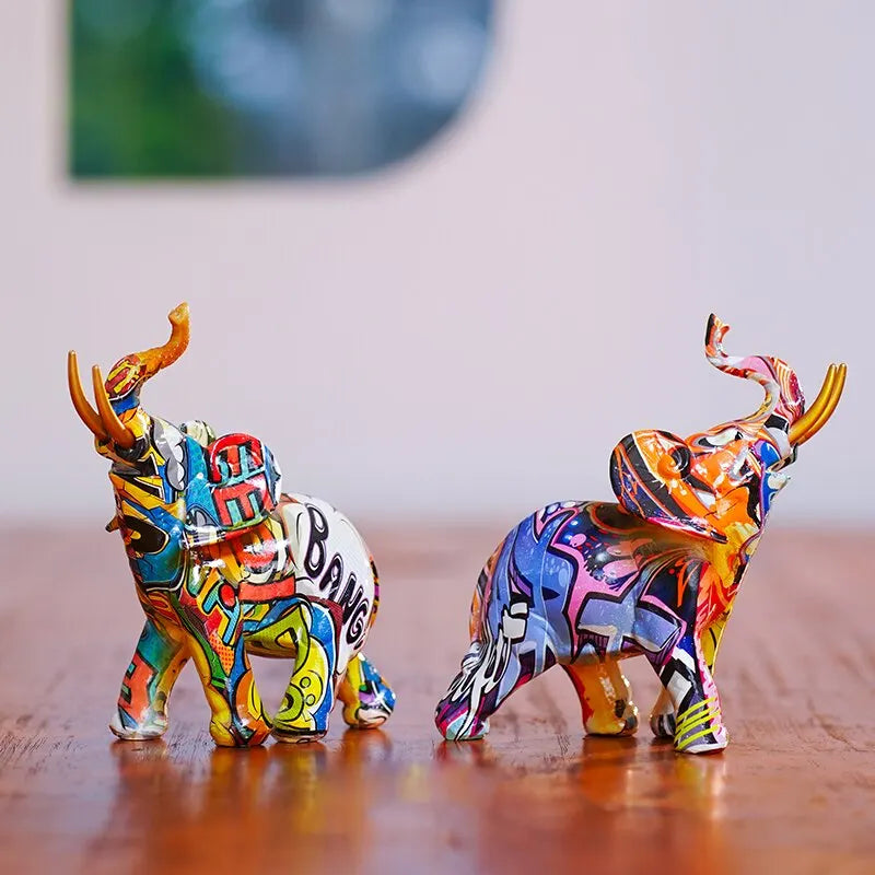 Resin Colorful Transfer Printed Elephant Figurines Modern Art Ornaments Animal Feng Shui Home Interior Office Decor Accessories