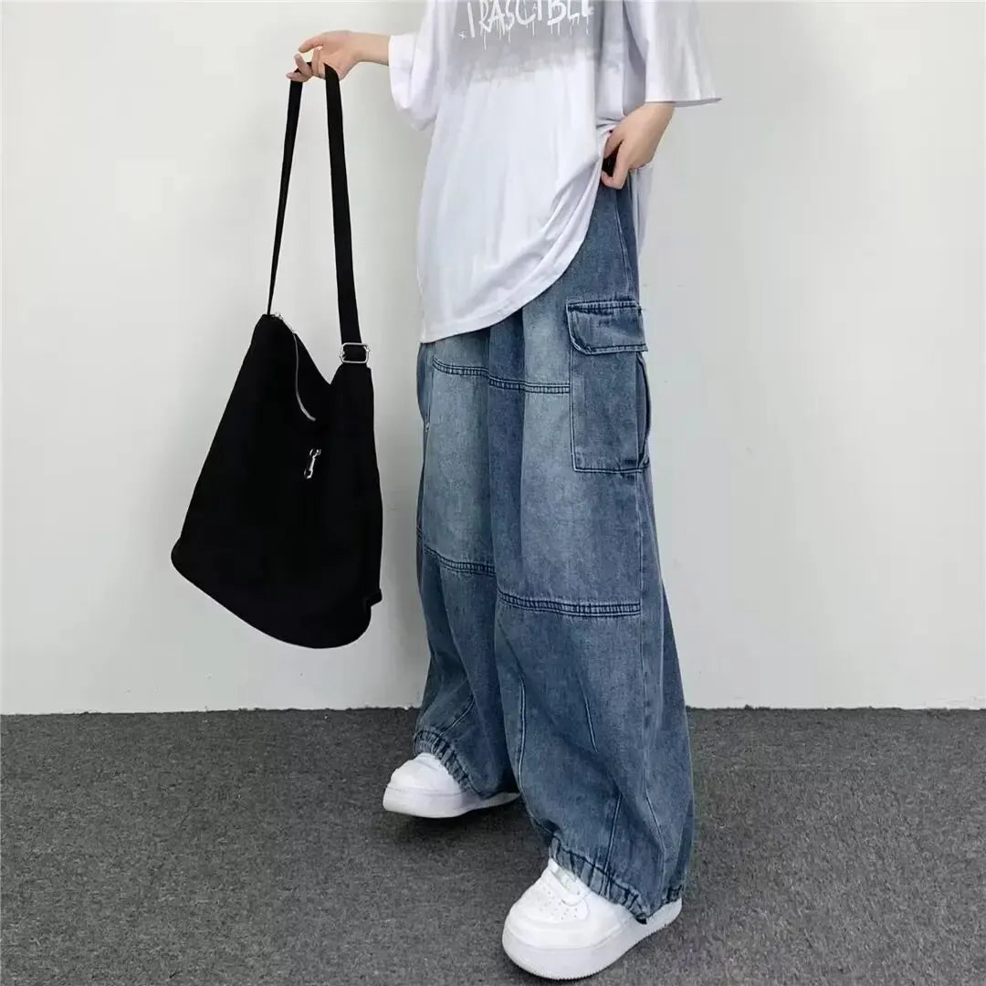 Spring And Autumn Vintage Wide Leg Big Pocket Overalls Men Y2K Neutral Loose Straight Leg Casual High Street Hip Hop Jeans